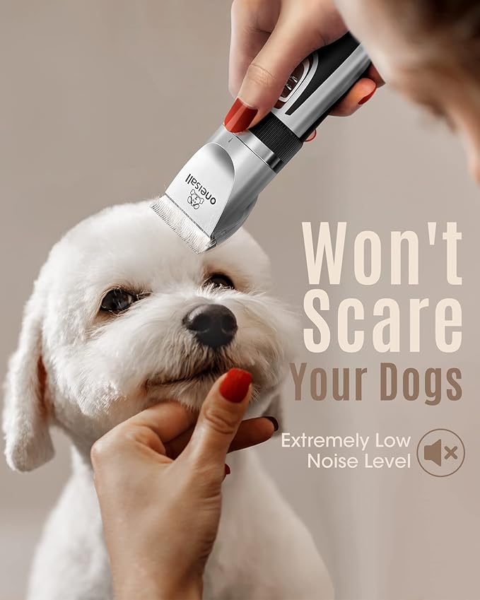 oneisall Low Noise 2-Speed Quiet Dog Grooming Kit - Rechargeable Cordless Pet Hair Clipper Trimmer Shaver for Small and Large Dogs, Cats and Animals (Silver)