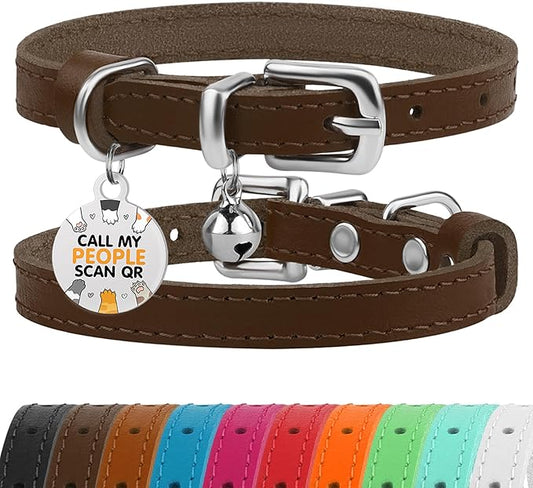BRONZEDOG Leather Cat Collar with Removable Bells Non Breakaway Kitten QR Tag for Girl Boy (7" - 9" for Cats, Dark Brown & Silver)