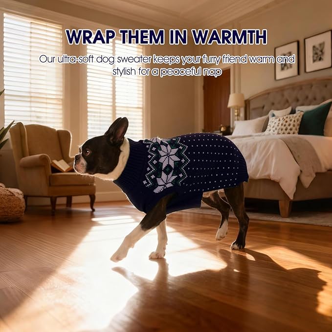 FUAMEY Dog Christamas Sweater, Warm Dog Sweater Classic Snowflake New Year Turtleneck Sweaters Knitwear Cold Weather Dogs Pullover for Small Medium Dogs Puppies & Cats Bulldogs Corgi with Leash Hole