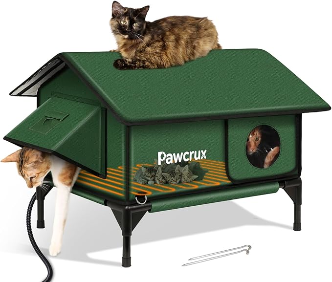 100% Waterproof Heated Cat House for Outdoor with Safe Escape Door, Heated Cat Bed Weatherproof Cat Shelter Kitty with Cat Heating Pad, Insulated Warm House for Feral Cat (Green, L)