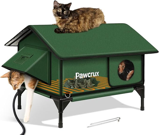 100% Waterproof Heated Cat House for Outdoor with Safe Escape Door, Heated Cat Bed Weatherproof Cat Shelter Kitty with Cat Heating Pad, Insulated Warm House for Feral Cat (Green, L)