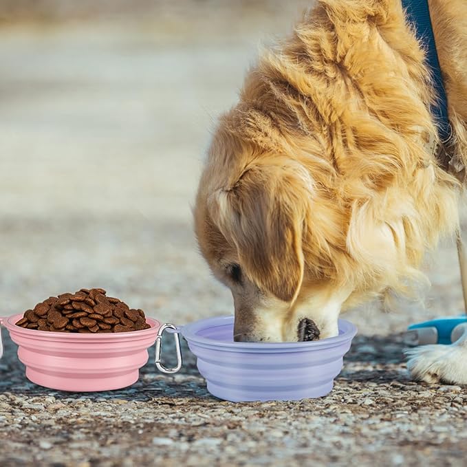 Kytely Collapsible Dog Bowls 2 Pack - X-Large 1500ml Portable Pet Food & Water Bowl for Travel, Hiking, Walking - Foldable Feeding Dish with Carabiner Clip - Lavender & Pink (Dogs/Cats)