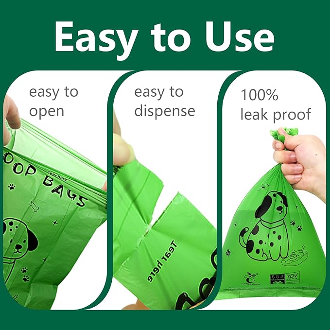 100% plant-based Dog Poop Bags Rolls, ASTM D6400 & EN 13432 Compliant, 240 Poop Bags including dispenser, 13 in × 9 in green poop bags for dogs, Super thick 100% leak proof