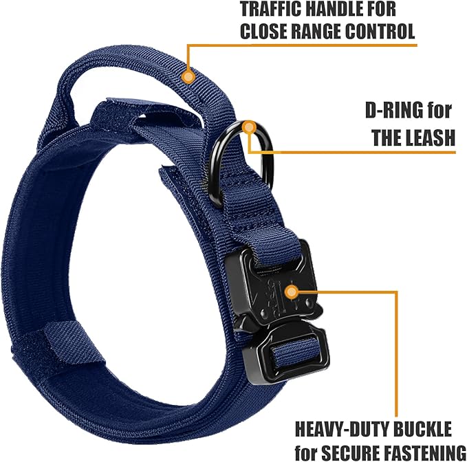 Tactical Military Collar - Adjustable Nylon, Heavy Duty Metal Buckle with Handle for Dog Training, with Patches (Blue, XL)