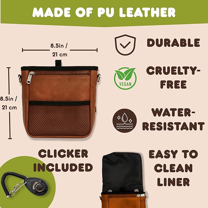 Large Dog Treat Pouch PU Leather with Clicker, Magnetic Clasp, Fits All Phones, 4 Cups, Hands-Free Pouches for Dog Training Treat Pouch, Built in Poop Bag Holder
