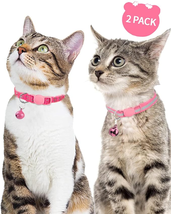 Taglory Reflective Cat Collar Breakaway with Bells, 2 Pack Girl Boy Pet Cat Collar Adjustable 7.5-12.5 Inch, Pink