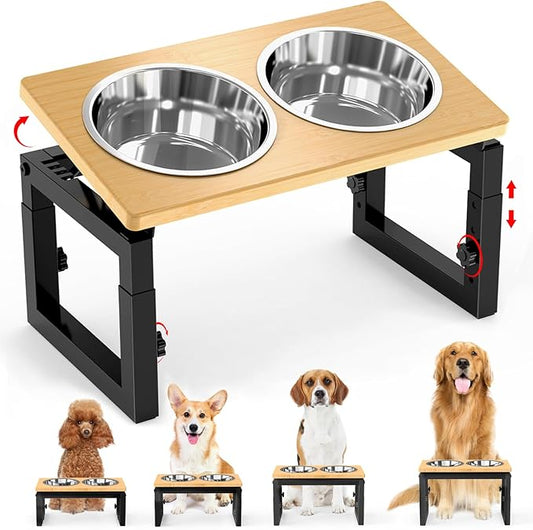 Dog Bowls Elevated, 4 Height & Angle Adjustable Raised Dog Bowl Stand, Elevated Dogs Bowl Stand for Medium Sized Pet, Sturdy Bamboo Dogs Feeding Station with 2X 48oz (6cup) Stainless Steel Dishes
