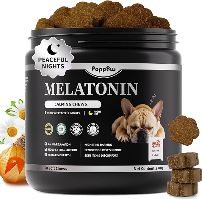 Melatonin for Dogs, Calming Chews with Valerian Root & L-Theanine for Sleep Aid & Emotional Support, Calming Treats for Stress Anxiety Relief - Thunder, Fireworks, Barking, Bacon Flavor, 90Ct