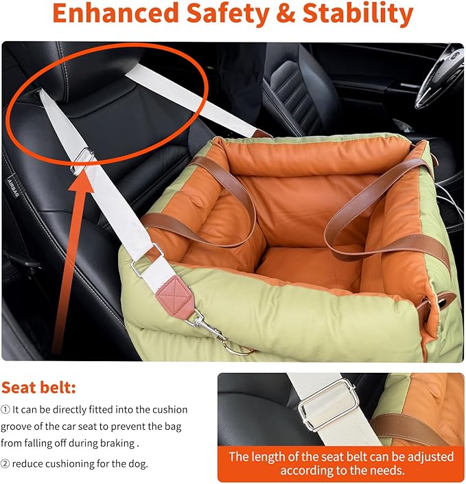 Dog Car Seat for Small & Medium Dogs, Waterproof Soft Leather Dog Car Bed with Harness Clip, Travel Bed & Carrier Bag for Pets, Fits Pets Up to 35 lbs (Green, Small & Medium)