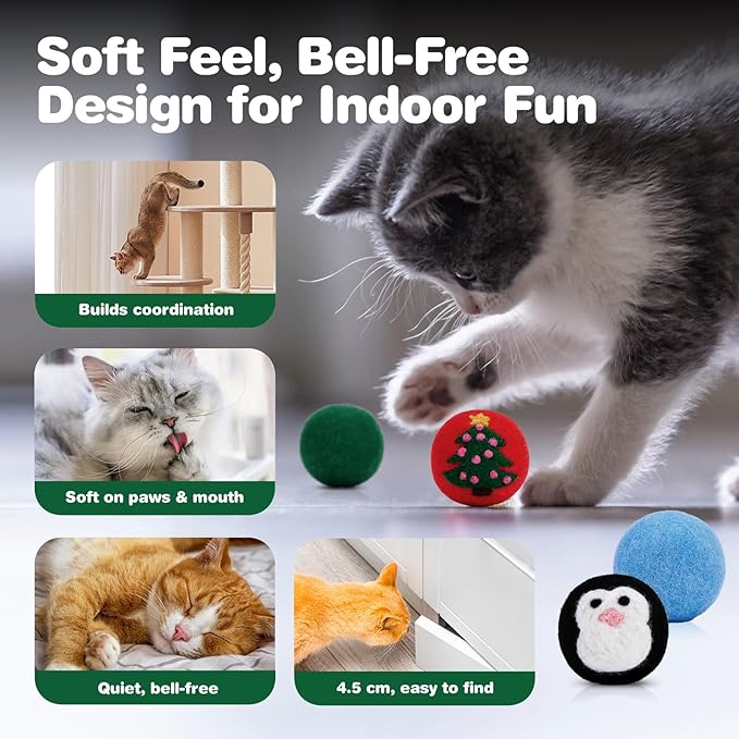 FOFOS Wool Cat Balls 9 Pcs Christmas Cat Toys Balls Hand Felted Wool Cat Toys Kitten Exercise Toys for Indoor Cats 1.7 Inches