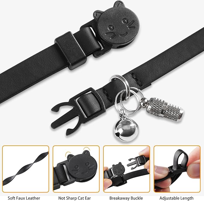 Upgrade Breakaway Cat Collar with Bells, Soft Leather Kitten Collars with Name Tag,Safety Adjustable Buckle,Lightweight,Ideal for Girl Boy Cats, Black+Brown