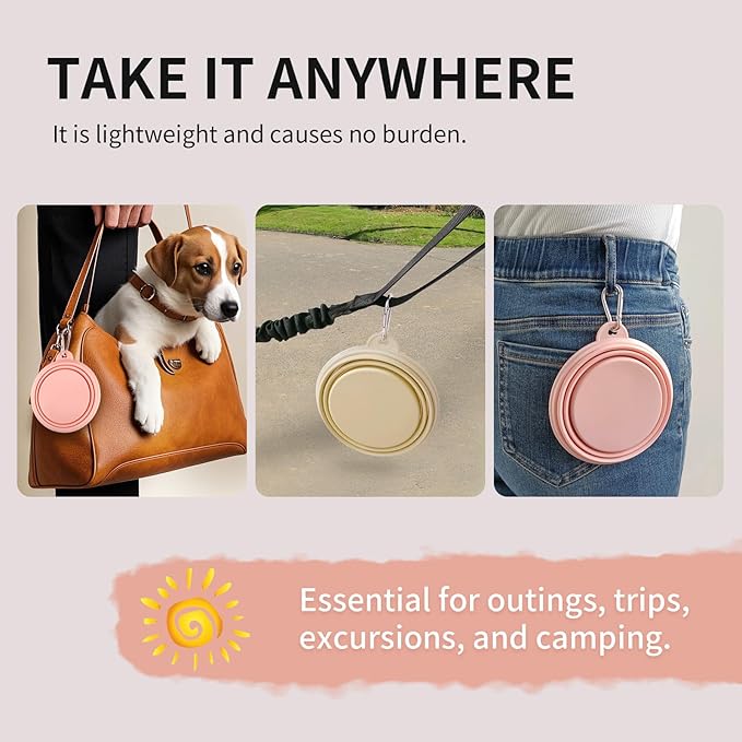Collapsible Dog Bowls 2-Pack, Portable Travel Dog Bowl with Carabiner, Food-Grade Silicone Pet Bowl for Hiking, Walking (Macaron Pink and Yellow)