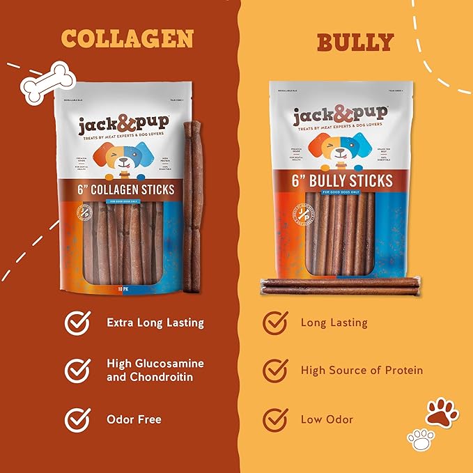 Jack&Pup 6 inch Braided Beef Collagen Sticks, Rawhide Free, Long Lasting Dog Chews, Healthy Single Ingredient Treats for Medium Dogs, Bully Stick Alternative, Collagen Chew for Dogs. 8pk