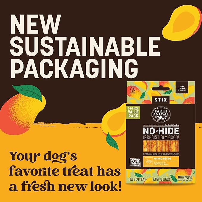 Earth Animal No-Hide Stix Mango Vegetarian Vegetarian Recipe Natural Rawhide Alternative Dog & Cat Chews - 20 Count Value Pack