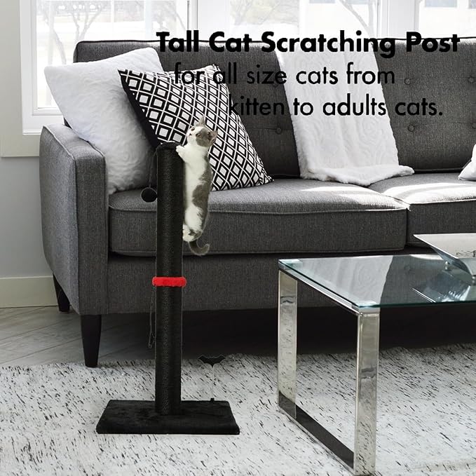 MECOOL Cat Scratching Post Premium Sisal Scratch Posts with Hanging Ball Vertical Scratcher for Indoor Cats and Kittens,Black