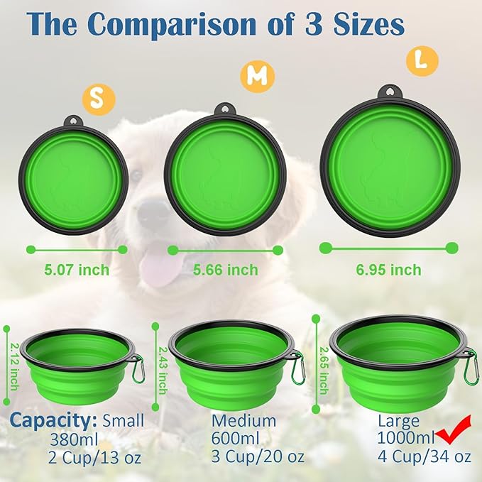 Takfox Collapsible Dog Bowls [2 Pack] 34 oz, Travel Dog Bowls, Pet Bowl Portable Foldable Water Food Feeding Dishes with Carabiner Clip for Traveling Hiking Walking-Green & Blue