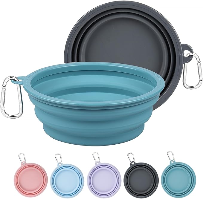 Kytely 2 Pack Collapsible Dog Bowls - 1000ml Portable Pet Food & Water Bowls with Carabiner Clip, Foldable Travel Dog Dish for Hiking, Walking, Camping (Blue & Grey)