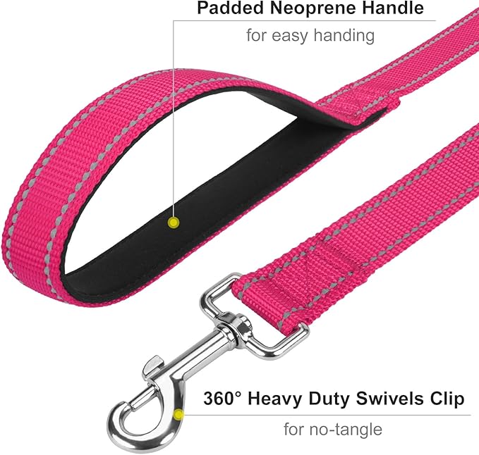 6FT Reflective Nylon Dog Leash with Soft Padded Handle for Walking, Running and Training, Supports Small Medium and Large Dogs (Hotpink, 1 Inch Wide)