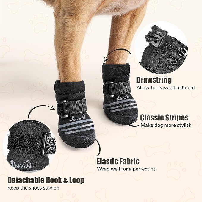 SlowTon Dog Shoes for Medium Large Dogs - Water Resistant Anti-Slip Dog Boots for Hot Pavement Rain Snow,Reflective Dog Paw Protectors for Outdoor Walking, Indoor Hardfloors(Black,4)