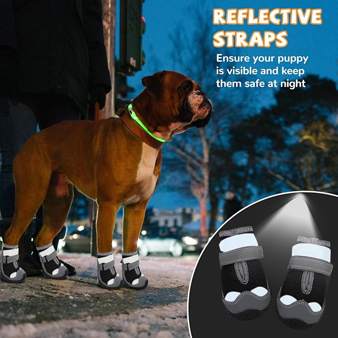 Dog Shoes for Hot Pavement,Dog Boots & Paw Protectors for Large Medium Size Dogs to Prevent Licking,Dog Booties with Reflective for Outdoor,Hiking,Hardwood Floors,Winter Snow(Black Grey,Size8)
