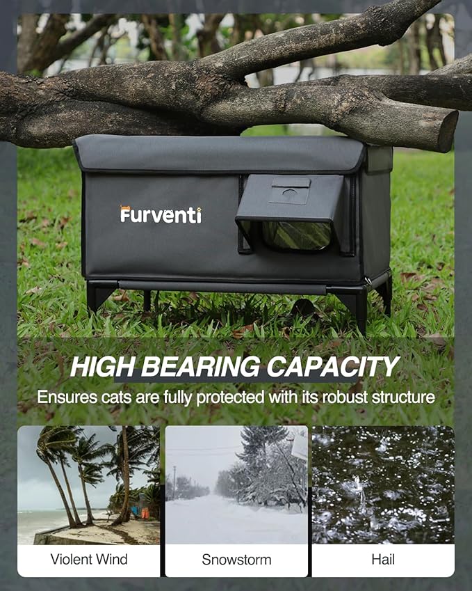 Heated Cat House for Outside,Dual Camera Mounts,100% Weatherproof & Extremely Insulated,Elevated Feral Cat Shelter with Escape Door,Waterproof Eaves for Outdoor Stray Barn Cat(Dark Grey,M)