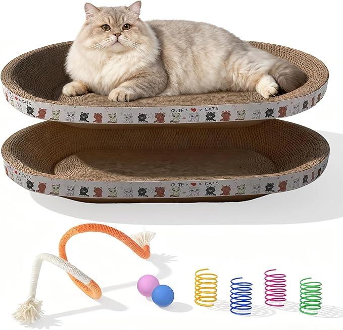 2PCS Large Cat Cardboard Scratcher with Toys, Oval 21.7" x 14.9" Kitty Scratching Board for Indoor Kitten Play Scratch Bed Sofa Furniture Protector
