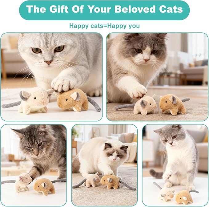 Plush Catnip Mice Toys with Rattle Sound - 2 Pcs Interactive Cat Toys for Indoor Cats, Durable Stress Relief Eco-Friendly Small Mouse Chew Playthings（with Catnip Bag）