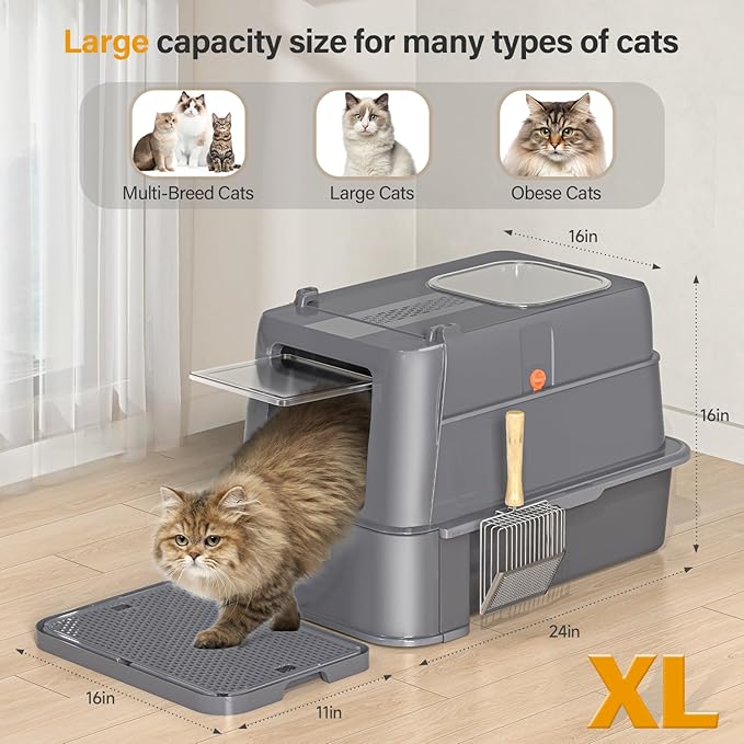 Enclosed Stainless Steel Cat Litter Box with Lid，XL Large Metal Cat Box with Drawer for Big Cats,Top Exit Kitty Litter Box Includes Scoop, Filter Pedal,Odor Control, Easy Cleaning