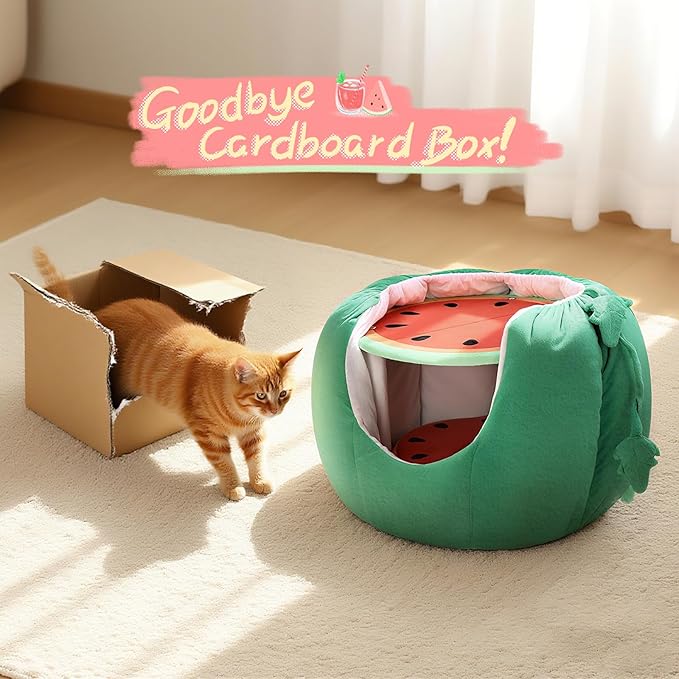 Cat Houses for Indoor Cats, Small Cat Tree with Sisal Ropes and Plush Perch, Cute Cat Bed Cave with Soft Pillow, Watermelon Design