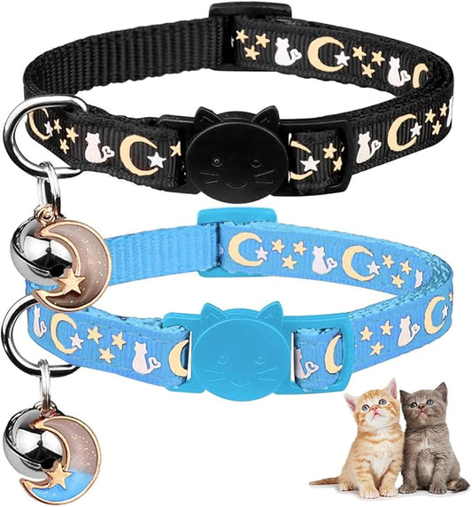 2PCS Breakaway Cat Collars with Bell Cute Kitty Glow in The Dark Adjustable Kitten Collars 7.9-13.0 Inch(Sky Blue&Black)