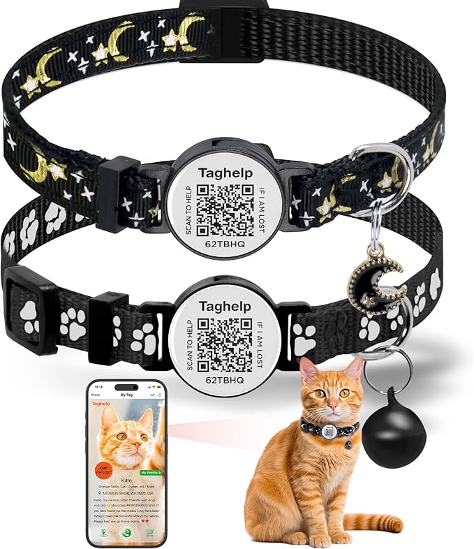 2 Pack Breakaway Cat Collars with QR Code ID Tag - Reflective Safety Collar with Night Visibility, with Bell Moons Stars Cute Kitty Safe Kitten,Adjustable Design for Indoor Outdoor Cats (Black)