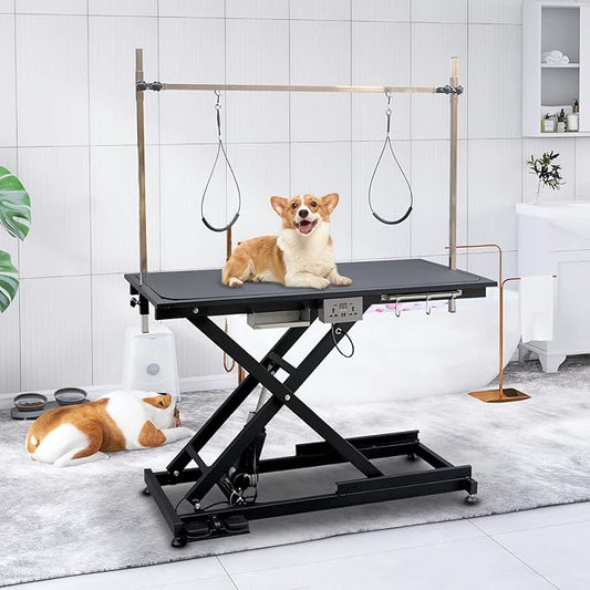 SoarFlash 49.6” Electric Lift Pet Dog Grooming Table,Heavy Duty Electric Grooming Table for Dogs&Cats,Heavy Duty Height Adjustable with Overhead Arm, Clamps, Two Grooming Noose