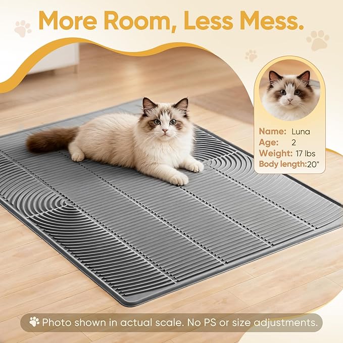TRZZ XXL Extra Large Cat Litter Mat, Silicone Litter Box Mat for Floor, Waterproof & Non-Slip, Easy to Clean, Cat Litter Trapping Mat & Kitty Litter Catcher for Scatter Control (Black)