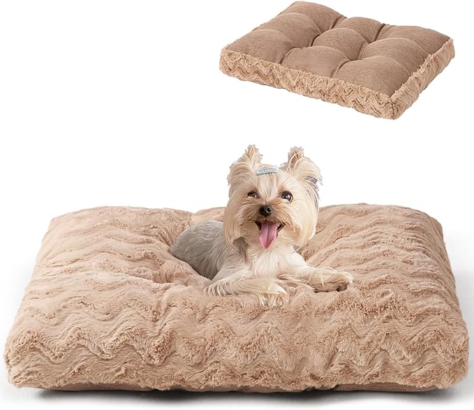 EHEYCIGA Reversible Dog Crate Bed Washable, Comfort Fluffy Plush Dog Kennel Pad for Small Doggie and Cats, Deluxe Machine Washable Pet Sleeping Mats, 23" x 18"x 3", Camel