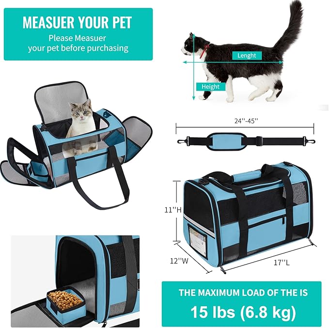 Airline Approved Pet Carrier Backpack for Cats & Dogs, Expandable Collapsible Cat Carrier with Breathable Mesh & Safety Leash, Portable Dog Travel Carrier for Hiking/Car/Train Blue