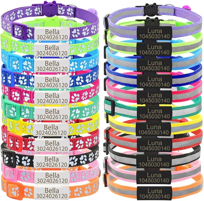 Personalized 2 Pack Reflective Cat Collar,Custom Breakaway Cat Collars with Name Tag and Bell,Anti-Lost Nameplate Cat Collar for Girls & Boys (Pink,fit 8''-11.0'')