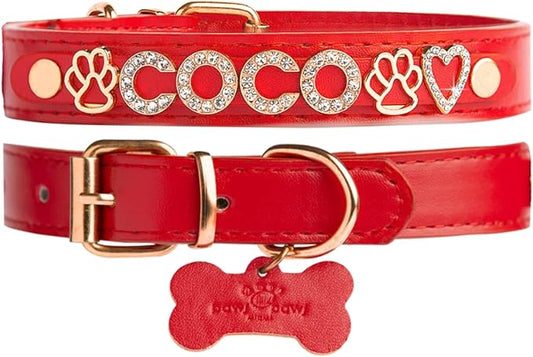 Paws Paws Miami Custom Dog Collar for Extra Small Dogs, Personalized with Name in Gold-Plated Cubic Zirconia Initials and Charm Jewels Leather Collars, Red