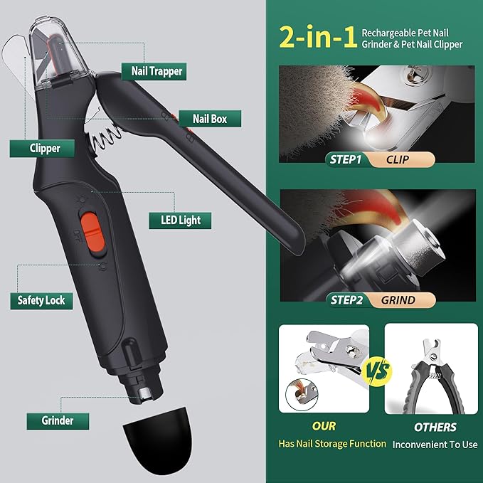 2-in-1 Dog Nail Clippers & Cat Nail Clippers Trimmers for Large Medium Small Dogs Cats Claw Trimmer Quick Sensor and Safety Guard USB Rechargeable with 2 LED Lights Dogs Nail Trimmer