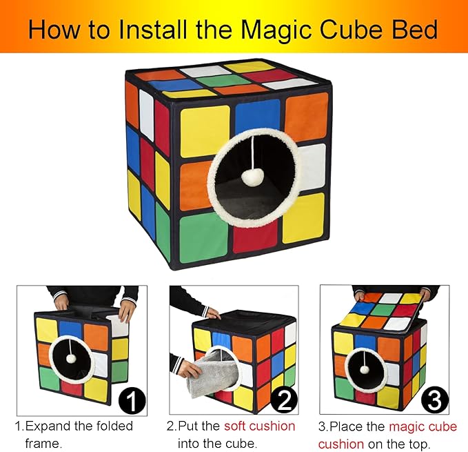 LUCKITTY Cat Condo House with Reversible Cushions and Fluffy Ball Hanging, Foldable Magic Cube, Large Cave Bed for Indoor Cats, Unique Puzzle Shape Lagre 16.5“ x 16.5" x 16.5”