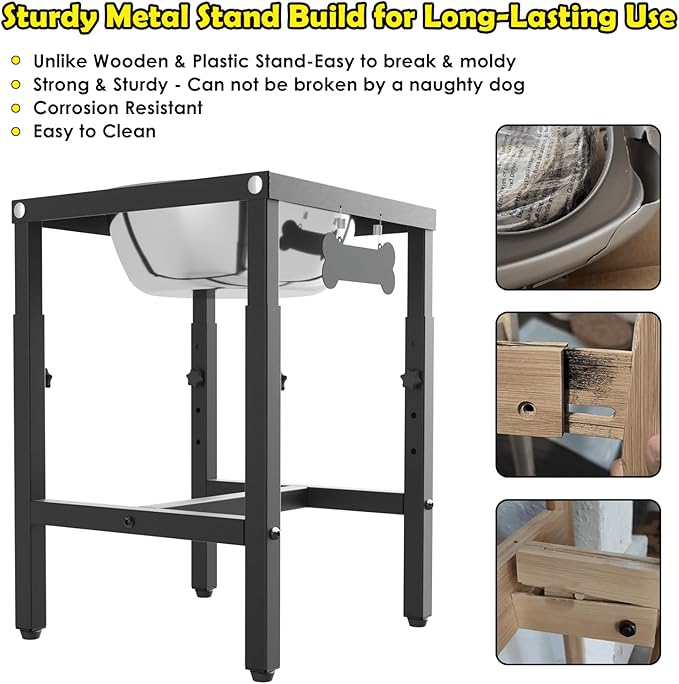 1.6 Gallon Elevated Dog Water Bowl for Large Dogs, 4-Height Adjustable (13–18'') Raised Stainless Steel Bowl with Spill-Proof Mat & Sturdy Metal Stand, Easy-Clean Feeder for Indoor/Outdoor Use