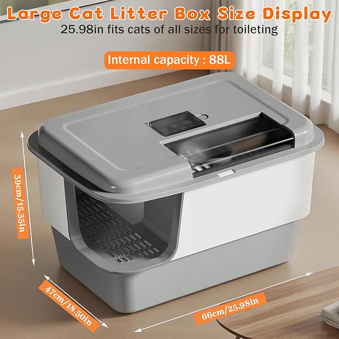 XXXL Litter Box with Lid, Extra Large 25.98" L*18.5" W*15.35" H Cat Litter Boxs, Jumbo Enclosed Removable Litter Box High Sides for Big Cats,with Cat Litter Scoop, Leak-Proof, Easy to Clean（Gray）