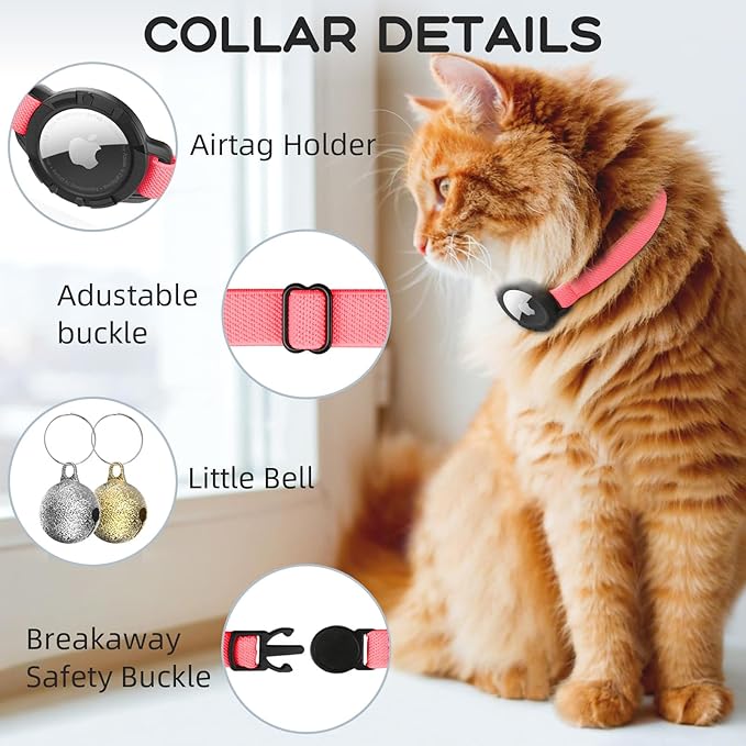 AirTag Cat Collars, Stretchy Collar with Apple AirTag Holder and Bell, Breakaway Ultra Design Elastic GPS Tracking Collars for Cats and Puppies, (7.5-12.5 Inch), Hot Pink
