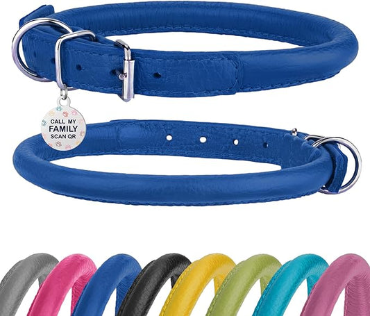 Rolled Leather Dog Collar Soft Round Collars, ID Tag for Small Medium Large Dogs (11-14 inch, Royal Blue)