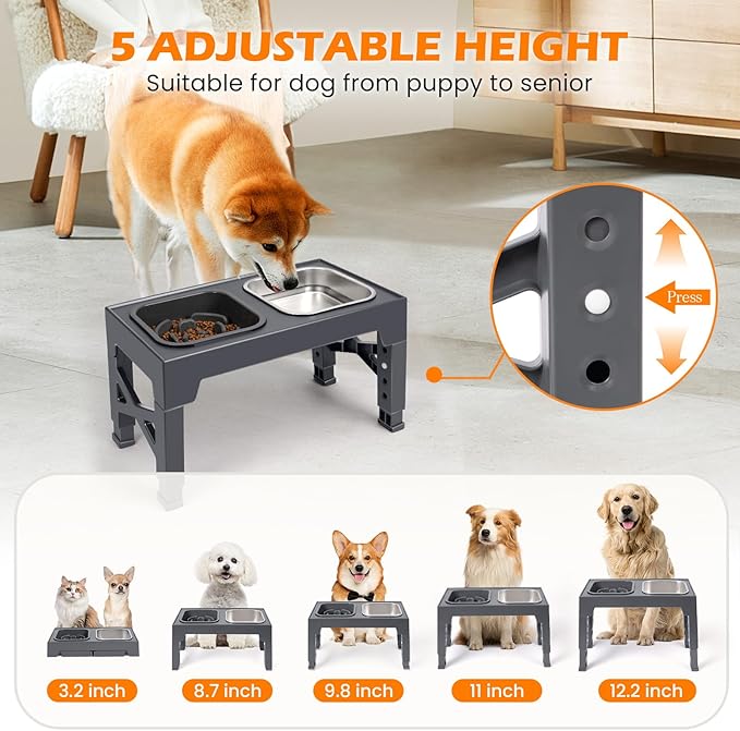 Heeyoo Elevated Dog Bowls, 5 Adjustable Heights Raised Pet Bowls, Adjusts to Height 3.2" to 12.2" for Small Medium Large Dogs