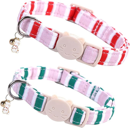 Elegant little tail 2 Pack Cat Collar-Pink Strip Cotton Breakaway Cat Collars with Bell Pendant Kitten Girl Cats Safety Adjustable Collar for Small Cats Puppy