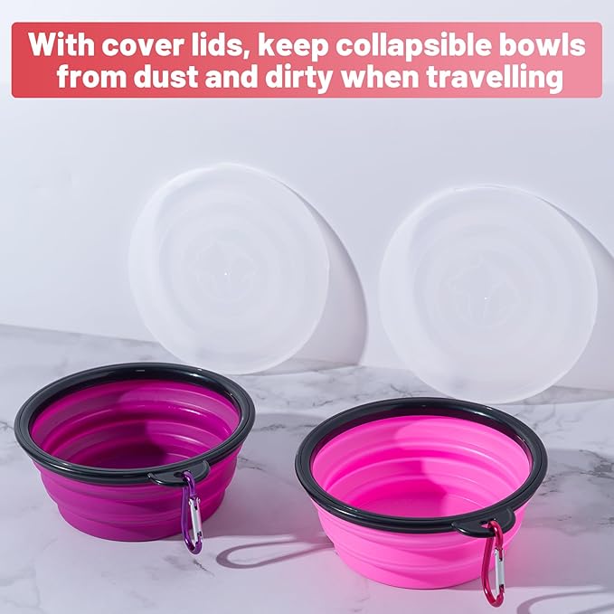 SLSON Dog Bowls Pet Collapsible Bowl with Cover Lids,2 Pack Dog Travel Bowls Portable Foldable Cat Water Dish Bowl for Pets Walking Parking Camping (Pink and Purple, Small)
