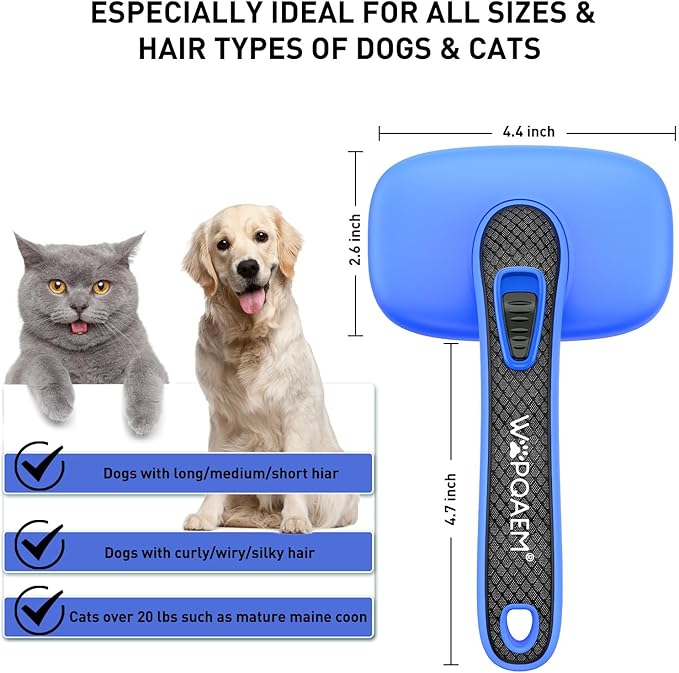 Self Cleaning Slicker Brush for Dogs& Cats - Skin Friendly Shedding & Hair Removal for Long and Short Haired Dogs and Cats, Grooming Tool of Pets, Blue