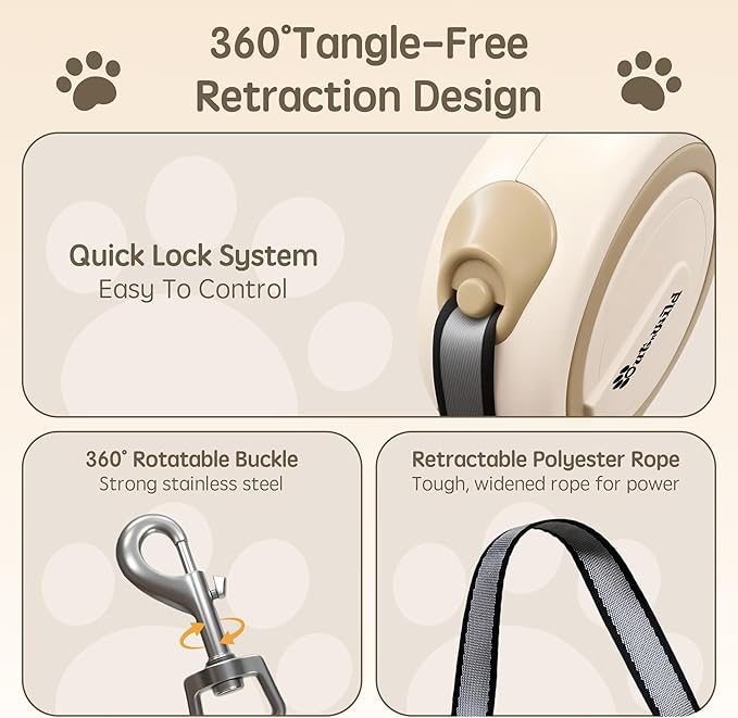 OUTnWILD Retractable Dog Leash, 16 ft Heavy Duty Dog Leash for Large Breeds/Pets Up to 110 lbs, 360° Tangle Free Design with One Touch Quick-Lock Braking System & Anti-Slip Handle. Khaki, L