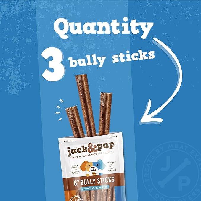 Jack&Pup 6 Inch Bully Sticks for Medium Dogs (3 Pack) Single Ingredient Dog Chews Long Lasting, Pizzle Sticks for Dogs
