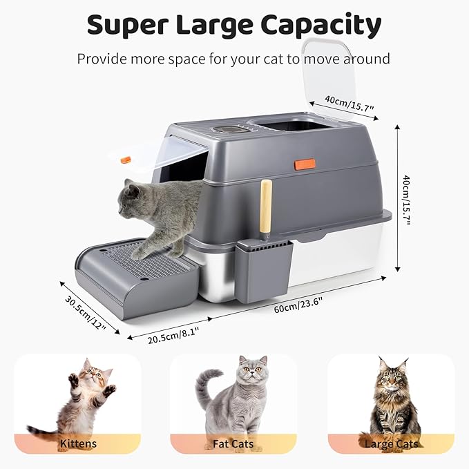 Stainless Steel Litter Box with Lid, XXL 23.6"L x 15.7"W x 15.7"H Large Metal Cat Litter Box Enclosed High Sided Removable Litter Tray with Top Entry, Scoop, Step, Easy Cleaning (Dark Grey)